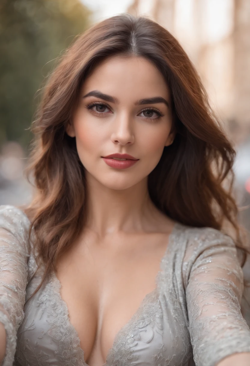 Curvy belle femme espagnole brune avec long gala besting prendre un selfie, detailed skin