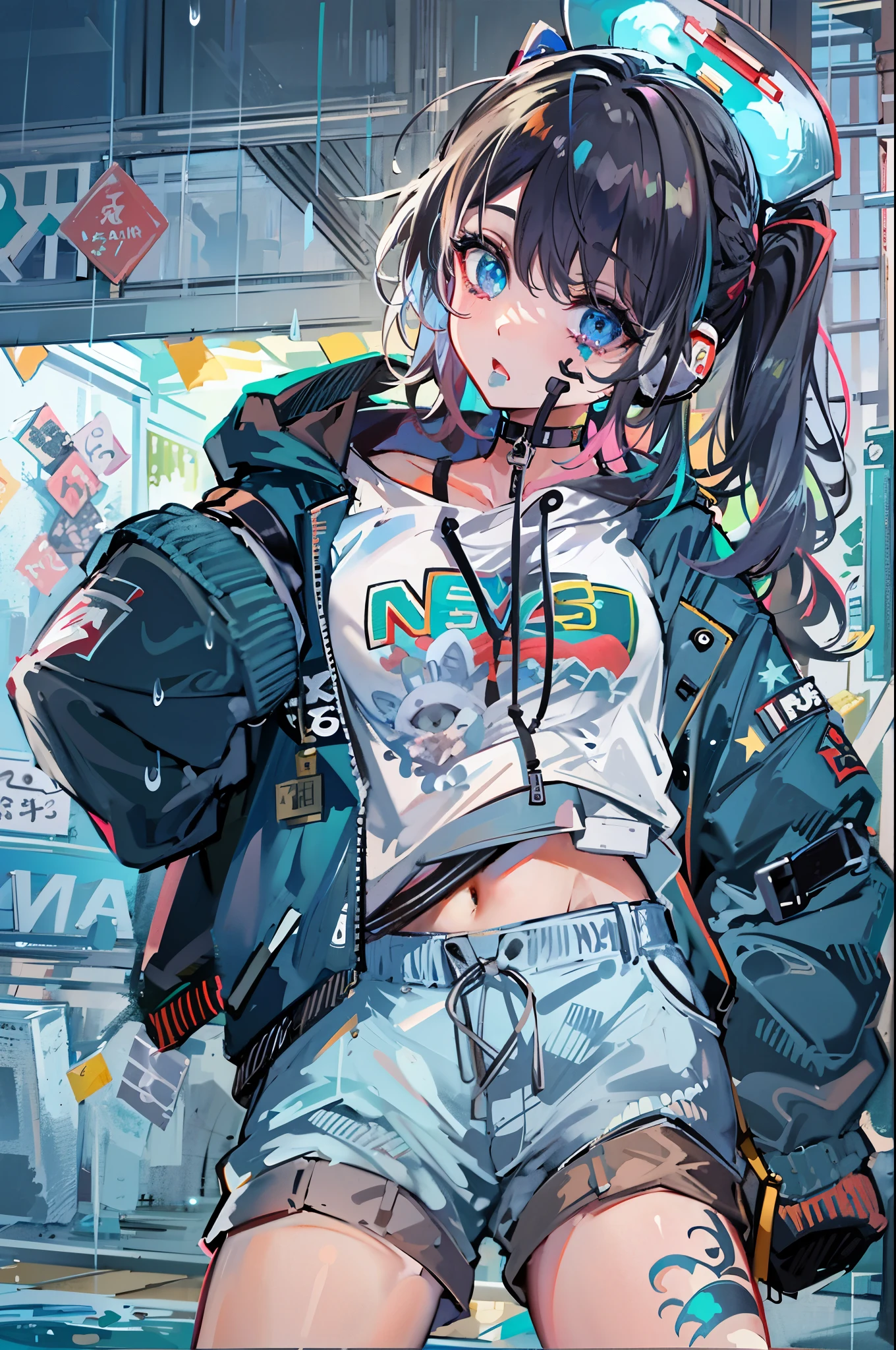 8K resolution、((highest quality))、((masterpiece))、((super detailed))、1 female、solo、incredibly absurd、oversized hoodie、headphones、street、outdoor、rain、neon、short cut hair、bright colored eyes、put one's hand in one's pocket、shorts、water dripping, step piece, cool blue open short jacket, tattoo, Messy Fade Cut Hair, Side braided hair,Unreasonable, A scene where you jump using your whole body, abandoned amusement park background,knee high socks,quirky sneakers,Eyeshadow on the eyes,unusual colored eyes, Eyes of fear, Vivid eyes,