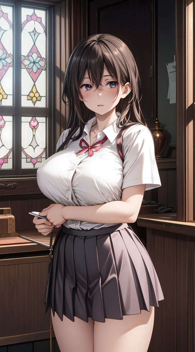 huge_breast, (best quality,4k,8k,highres,masterpiece:1.2),ultra-detailed,(realistic,photorealistic,photo-realistic:1.37),
school girl with very short skirt, (short_skirt:1.2) ,huge brest, pleated skirt, high-tight,
beautiful detailed eyes,beautiful detailed lips,extremely detailed eyes and face,longeyelashes,
long hair,standing,full body,full figure,in school room,
medium:oil painting,atmospheric lighting,dreamy color palette,detailed interior decoration,quiet and peaceful ambiance,
candles illuminating the room,religious symbols,delicate lacework on the ,intricate patterns on the ,finely crafted metal buckles on the loafer,
reflection of stained glass windows on the polished wooden floor,source of soft light casting shadows on the school girl,
subtle rays of sunlight filtering through the windows,serene expression on the school girl face,gentle breeze rustling the curtains,warm and cozy atmosphere,