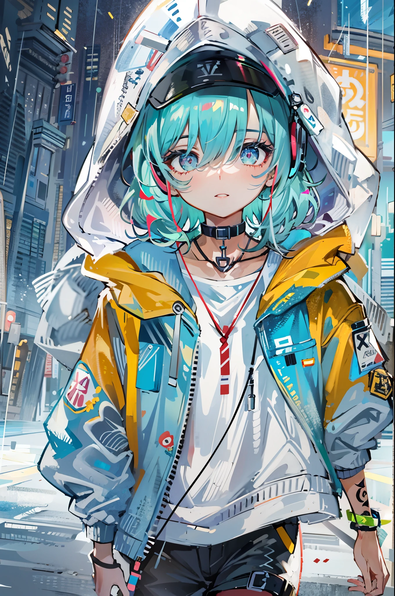 ((8K resolution))、((highest quality))、((masterpiece))、((super detailed))、1 female、solo、incredibly absurd、oversized hoodie、headphones、rain、neon、short cut hair、bright colored eyes、put one&#39;s hand in one&#39;s pocket、shorts、water dripping, step piece, cool blue open short jacket, Messy Fade Cut Hair,quirky sneakers,unusual colored eyes, Vivid eyes,
