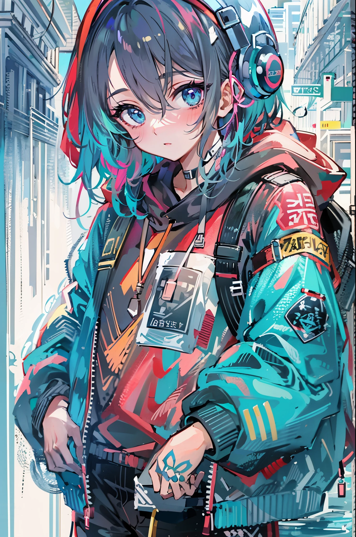 ((8K resolution))、((highest quality))、((masterpiece))、((super detailed))、1 female、solo、incredibly absurd、oversized hoodie、headphones、street、outdoor、rain、neon、short cut hair、bright colored eyes、put one's hand in one's pocket、shorts、water dripping, step piece, cool blue open short jacket, tattoo, Messy Fade Cut Hair,quirky sneakers,Eyeshadow on the eyes,unusual colored eyes, Vivid eyes,