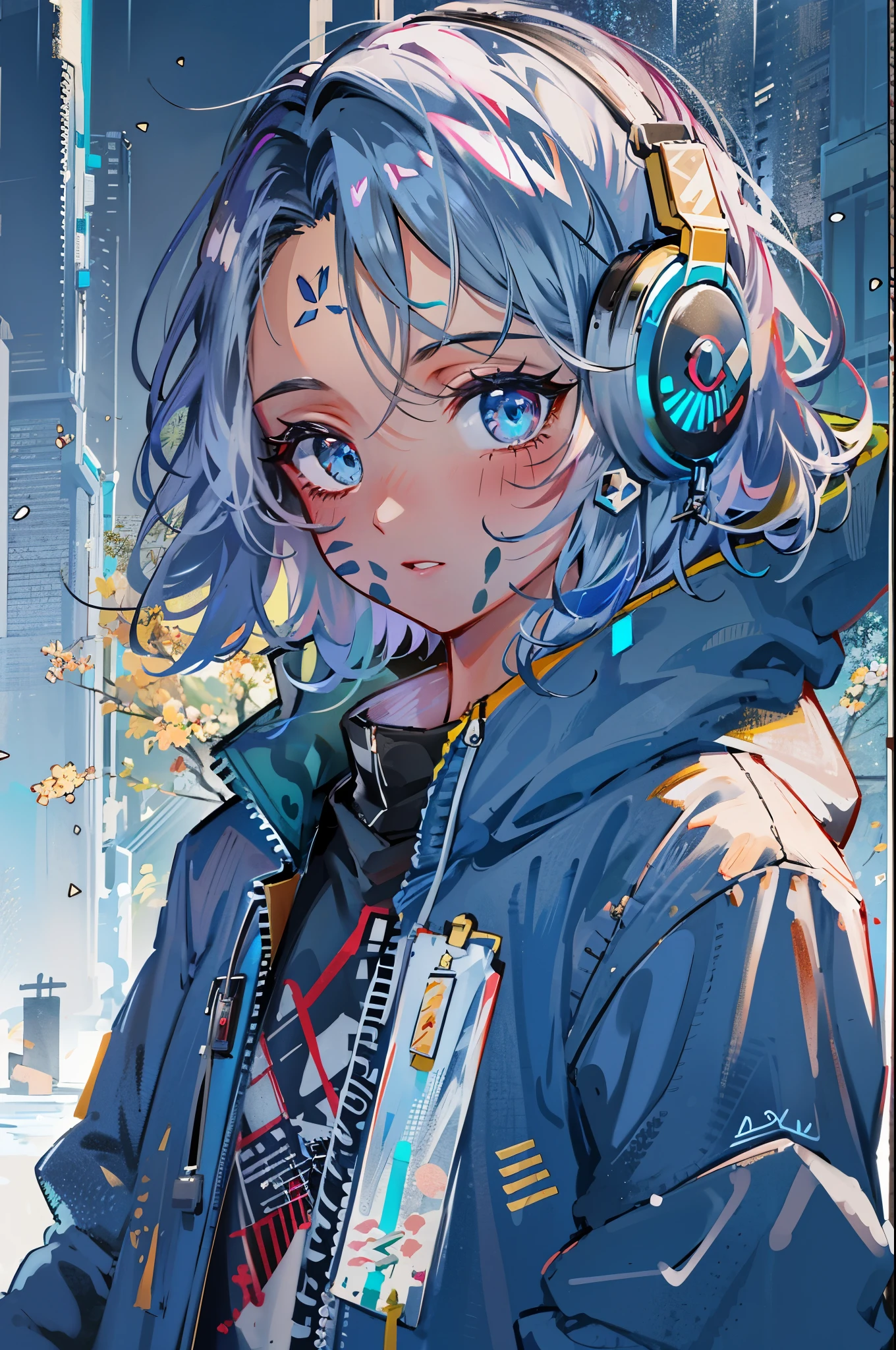 ((8K resolution))、((highest quality))、((masterpiece))、((super detailed))、1 female、solo、incredibly absurd、oversized hoodie、headphones、street、outdoor、rain、neon、short cut hair、bright colored eyes、put one's hand in one's pocket、shorts、water dripping, step piece, cool blue open short jacket, tattoo, Messy Fade Cut Hair,quirky sneakers,Eyeshadow on the eyes,unusual colored eyes, Vivid eyes,