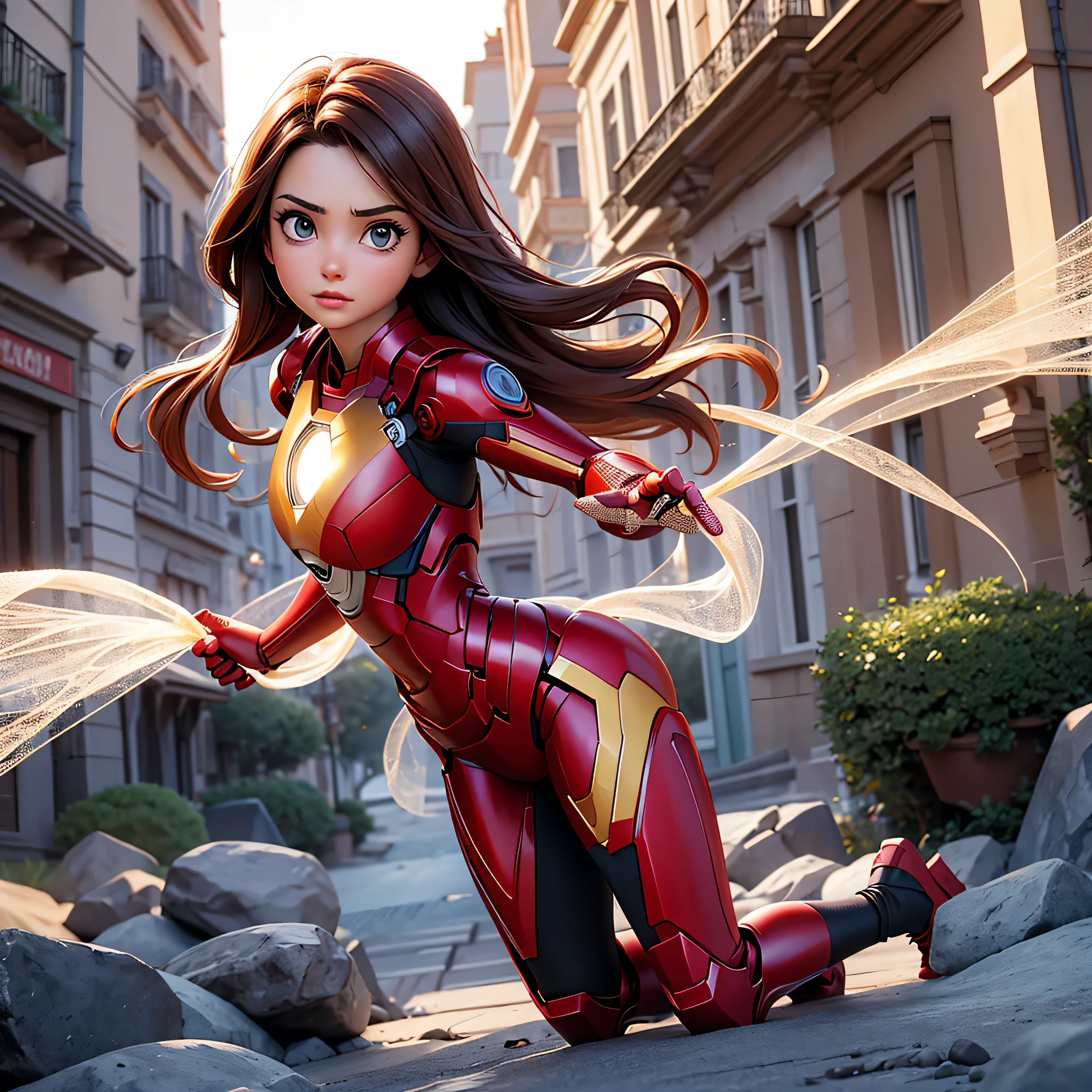 una hermosa mujer, enfundada en un traje de iron man, de cuello para abajo, casting a strand of spider web, subida en la cornisa de un edificio, (intrincados detalles de la maquina).imagen fotorrealista, nitidez maxima, calidad de imagen 8k. (obra maestra de calidad superior). (renderizado 3D)