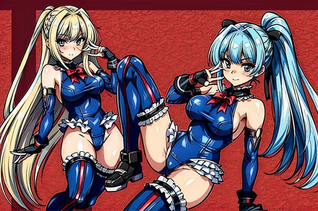 3girls, ( (Digital) (8k ), medium breasts, (frilled swimsuit, thighhighs, detached sleeves)) , highest quality, marierose,1 girl,,,(A futuristic laboratory lined with large culture tanks)