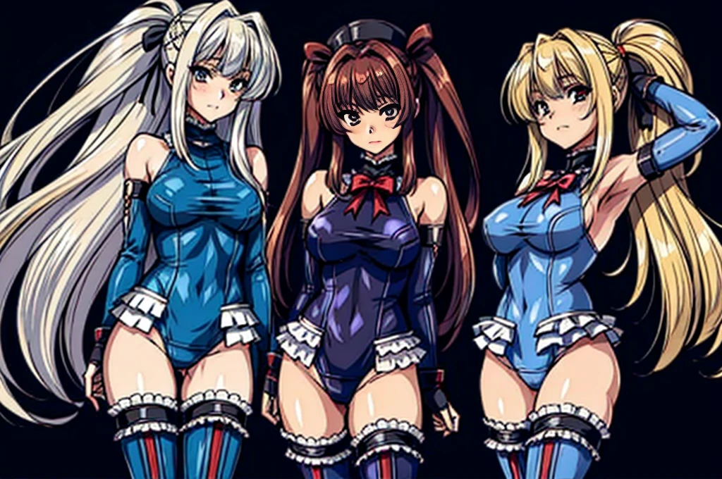 3girls, ( (Digital) (8k ), medium breasts, (frilled swimsuit, thighhighs, detached sleeves)) , highest quality, marierose,1 girl,,,(A futuristic laboratory lined with large culture tanks)