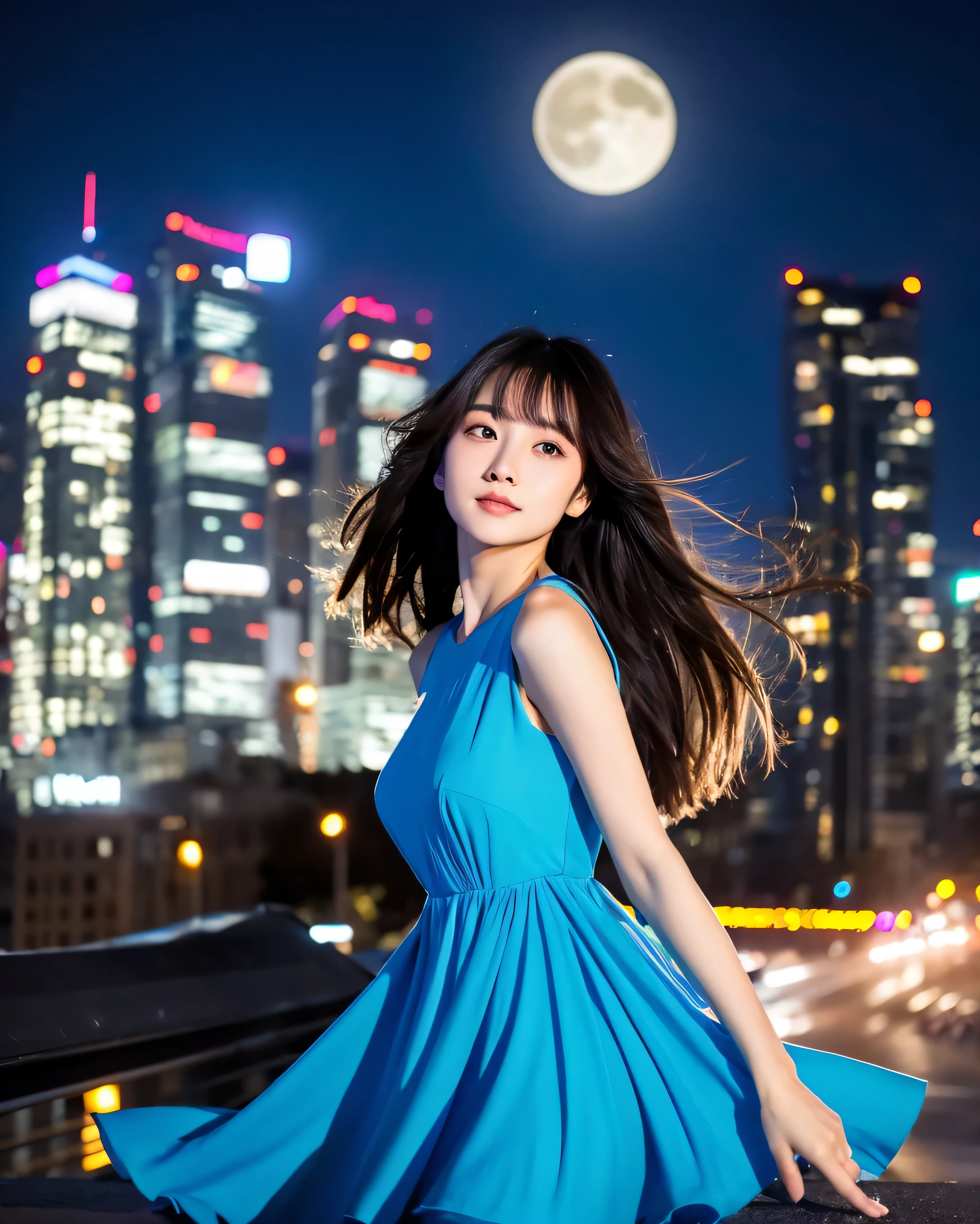 beautiful japanese girl fine hair with complex colors long hair fluttering in the wind blue dress eyes Magical beautiful eyes smooth soft skin night starry skies abnormally large moon standing at the top of the metropolis Very big full moon professional lighting professional photographer clear background