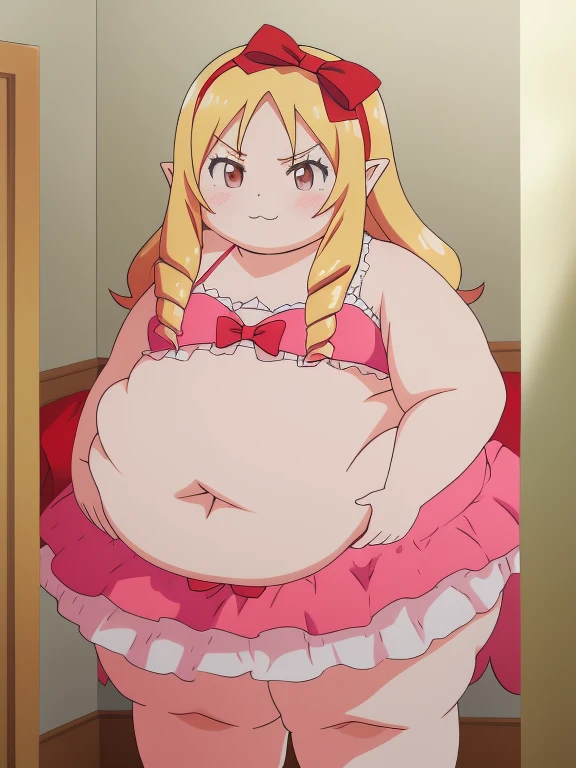 obese yamada elf, dress, obese body, cute, fat belly, fat arms, thick thighs, hairband, long_hair, pink_bikini, red_bow, , 8k, masterpiece, absurdres, anime,