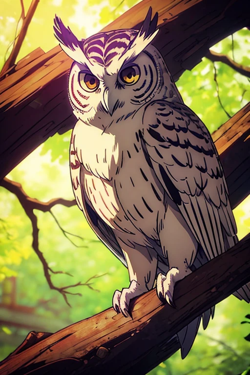 An ultra-detailed, high-resolution (4k), and photorealistic (1.37) masterpiece of a white-faced scops owl. The owl has captivating brown eyes, which are exquisitely detailed. It is perched gracefully on a branch, displaying its majestic presence. The artwork is inspired by the mappa art style, known for its intricate details and lifelike portrayal. The colors used in the artwork are vivid, adding vibrancy to the scene. The lighting is carefully crafted to highlight the owl's features and create a mesmerizing atmosphere.