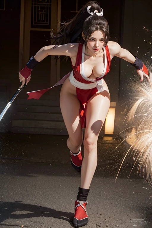 (mai shiranui:1.5), (tabi:1.7), (Full body portrait:1.7), (Realism), (master piece:1.5), (Best Quality), (ultra-detailliert), (8K, 4K, Convoluted), (Flat Lighting:1.2), (skinny), Prestige, Brown eyes, Long hair, brown eyes, long hair, brown hair, white ribbon, sleeveless, ponytail, sash, pelvic curtain, arm guards, gloves, tabi, fascinated expression, Sexy eyes, slim, medium breasts, Smile, Cute, view the viewer, Long hair, Close to Japan temple, (breasts focus:1.2), (Realistic:1.2), light Particle, Lighting, (Highly detailed:1.2), (Detailed face:1.2), (gradients), SFV, Colorful, (Detailed eyes:1.2), Detailed temples of Japan, Detailed background, (Dynamic Angle:1.2), Dynamic Pose, (Line of action:1.2), Wide Shot, Daylight, Solo.