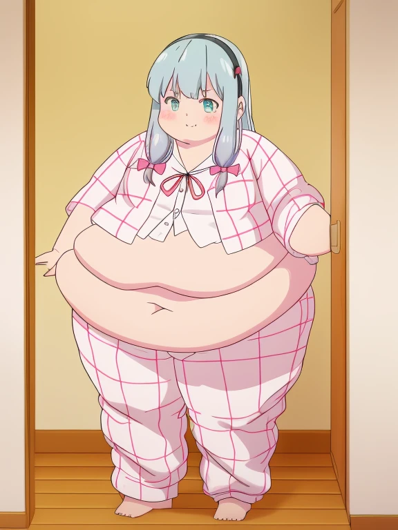 Obese izumi sagiri, white plaid pajamas, obese body, fat arms, fat belly, cute, headphone, 8k, thick thighs, masterpiece, absurdres, anime,