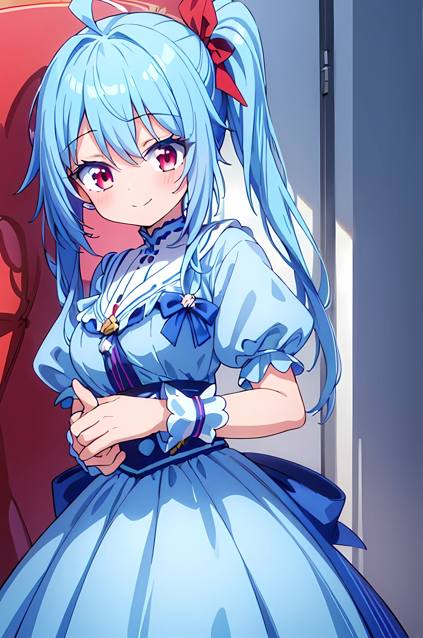 (masterpiece:1.2), (expensive_quality:1.2), 16k, 1080P, 1 girl, light blue hair, side ponytail, hair ribbon, red eyes, nervous smile, shy, fantasy costume, anatomically correct, Ahoge, long hair