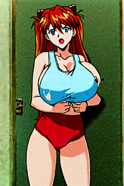 masterpiece, best quality, 1girl, standing, tall,Milk penetrates clothes , (lactation, insanely huge breast,Red hair, asuka langley soryu,blue tank top ,breast milk