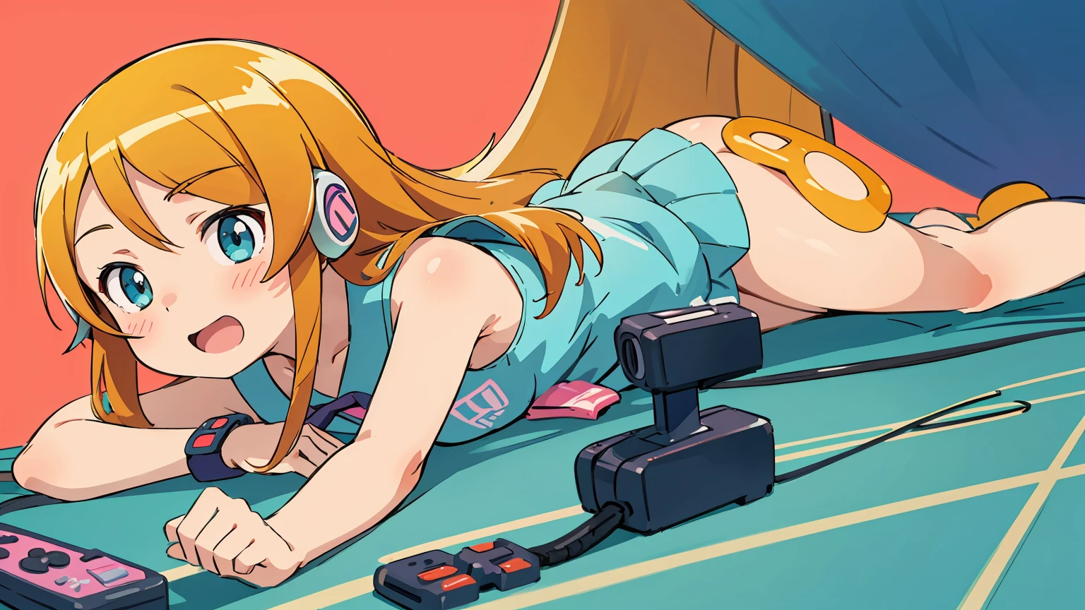 Kousaka Kirino, oreimo, best quality, realistic, vividKirinos, digital illustration, gamer girl, orange long hair, middle school student, teen, focused look, headphones, gaming controller, colorful background, cheerful expression, beautiful, pretty, nude, medium breast, naked