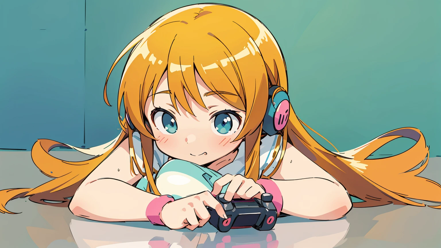 Kousaka Kirino, oreimo, best quality, realistic, vividKirinos, digital illustration, gamer girl, orange long hair, middle school student, teen, focused look, headphones, gaming controller, colorful background, cheerful expression, beautiful, pretty, nude, medium breast, naked