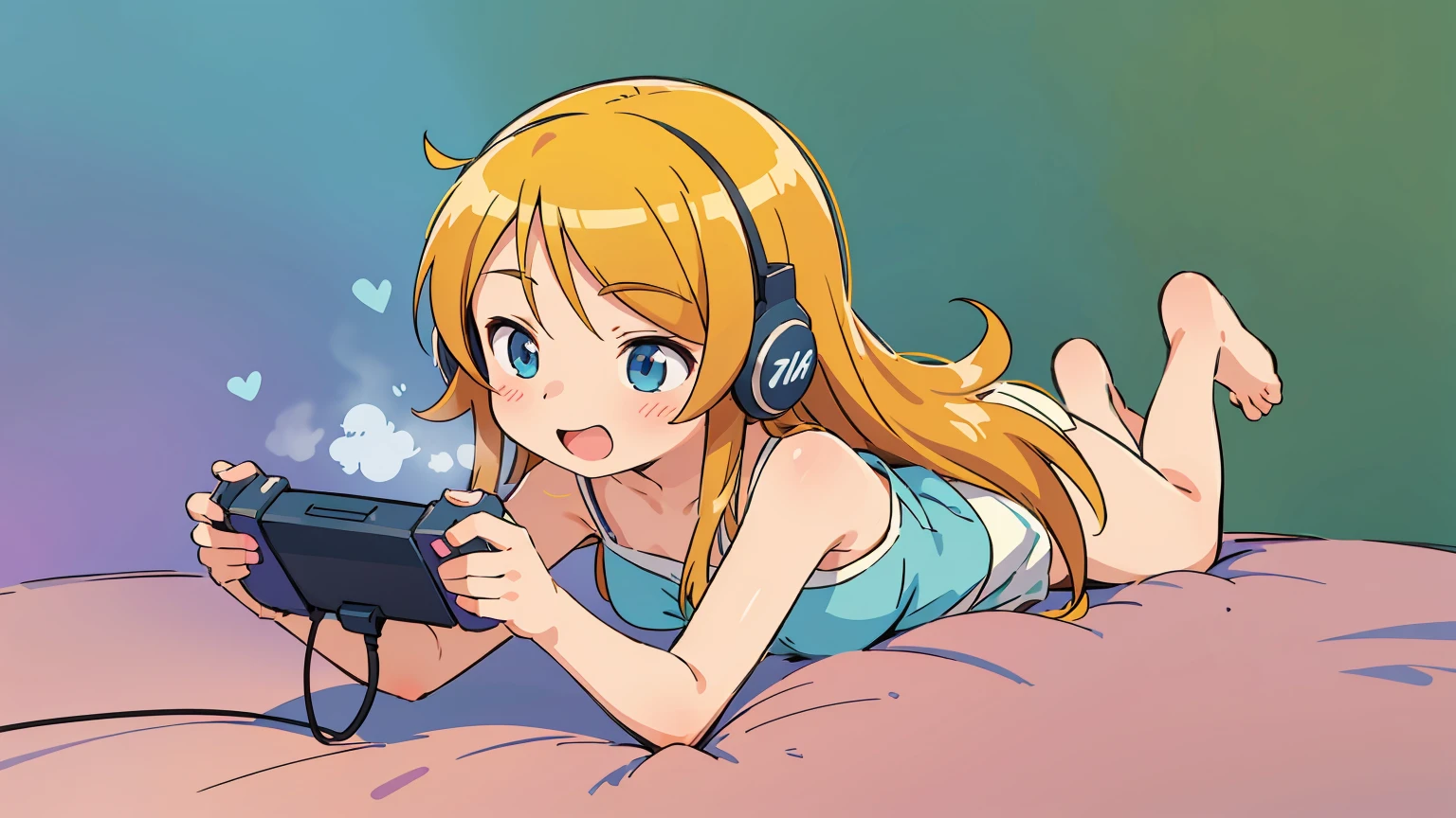 Kousaka Kirino, oreimo, best quality, realistic, vividKirinos, digital illustration, gamer girl, orange long hair, middle school student, teen, focused look, headphones, gaming controller, colorful background, cheerful expression, beautiful, pretty, nude, medium breast, naked