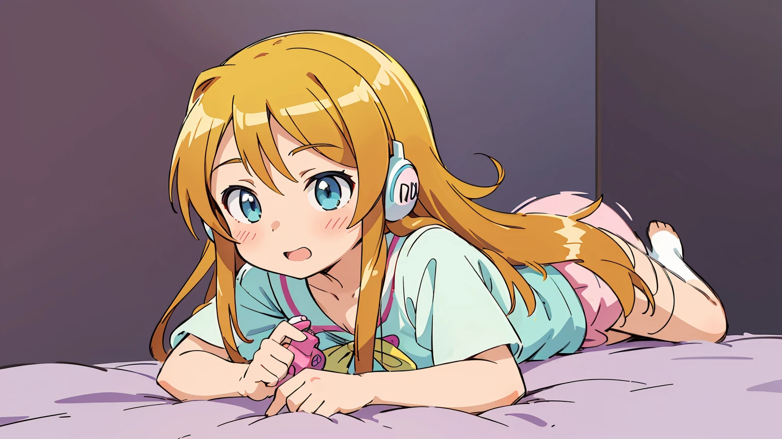 Kousaka Kirino, oreimo, best quality, realistic, vividKirinos, digital illustration, gamer girl, orange long hair, middle school student, teen, focused look, headphones, gaming controller, colorful background, cheerful expression, beautiful, pretty, nude, medium breast, naked