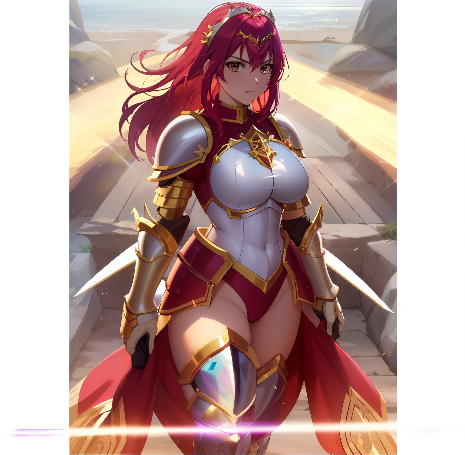 Anime girl with red hair and a white leotard with a sword, knights of zodiac girl, portrait knights of zodiac girl, princess intergalactica, drawn in the style of artgerm, shiny ruby armor, shiny ruby armor, Muscular girl, Muscular and strong, Leotard Armor Girl, Tits, big breasts, with large breasts, In ruby armor, Shining ruby armor, Crystal Ruby Armor, Dressed in light armor, seductive princess knight, Ruby reflective armor, Commission for high resolution, detailed fan art, Ruby Princess, whole body