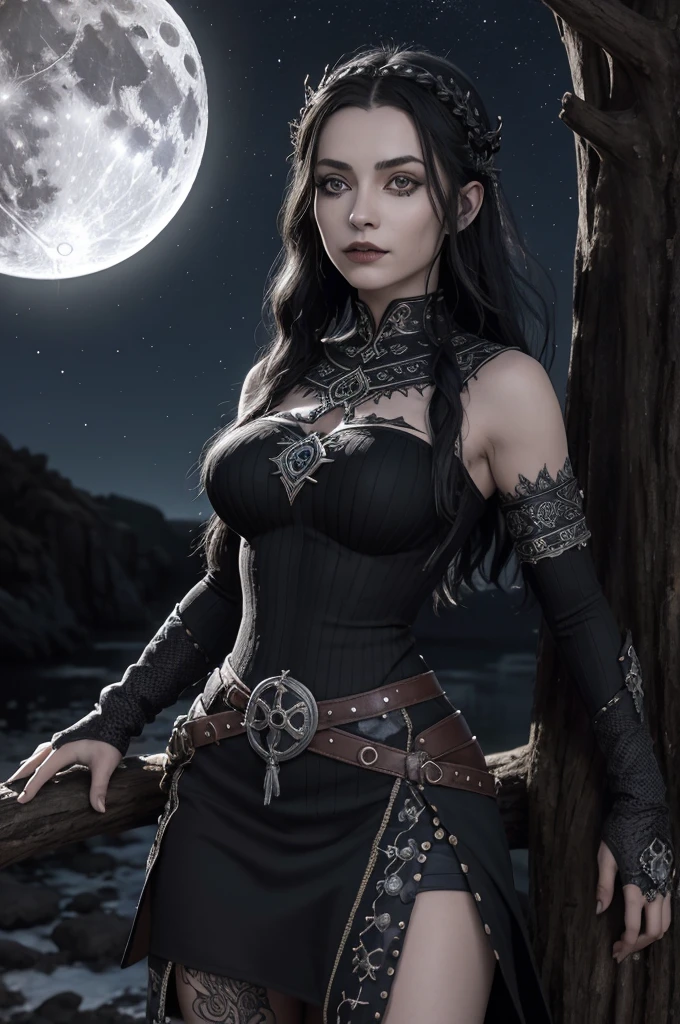 (goth girl, vestido vikings cor preta), (Original: 1.2), obra de arte, melhor qualidade, rosto limpo bonito, (corpo todo:1.1), Rosto 3D, olhos brilhantes, cabelo preto,brilhante, preso por um presilha em forma de concha cor roxa, pele brilhante, Sozinho, olhando para o espectador, tronco. Ambiente: noite, full moon above bright in the night sky, sem estrelas ,mas com duas nuvens ao lado da lua.