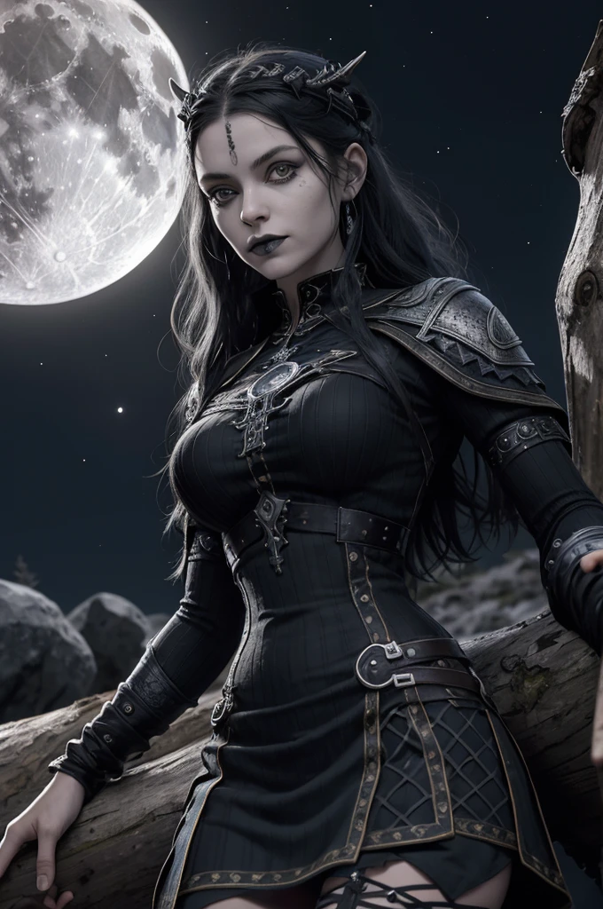 (goth girl, vestido vikings cor preta), (Original: 1.2), obra de arte, melhor qualidade, rosto limpo bonito, (corpo todo:1.1), Rosto 3D, olhos brilhantes, cabelo preto,brilhante, preso por um presilha em forma de concha cor roxa, pele brilhante, Sozinho, olhando para o espectador, tronco. Ambiente: noite, full moon above bright in the night sky, sem estrelas ,mas com duas nuvens ao lado da lua.