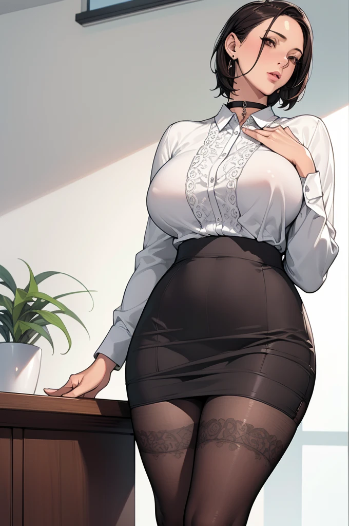 a woman in the office room, a white wall, a grey table, plants, window, sexy poseasterpiece))), ((best quality)), ((intricate detailed)), ((Hyperrealistic)), absurd res, milf, mature woman, perspective, highly detailed, illustration, 1girl, ((big breasts)), perfect hands, detailed fingers, beautiful detailed eyes, short hair, brown eyes, CEO, (business outfit:1.2), open office shirt, tight skirt, black choker, earrings, stockings, detailed background, bedroom, perfect eyes, seductive eyes, looking at the viewer, from below
