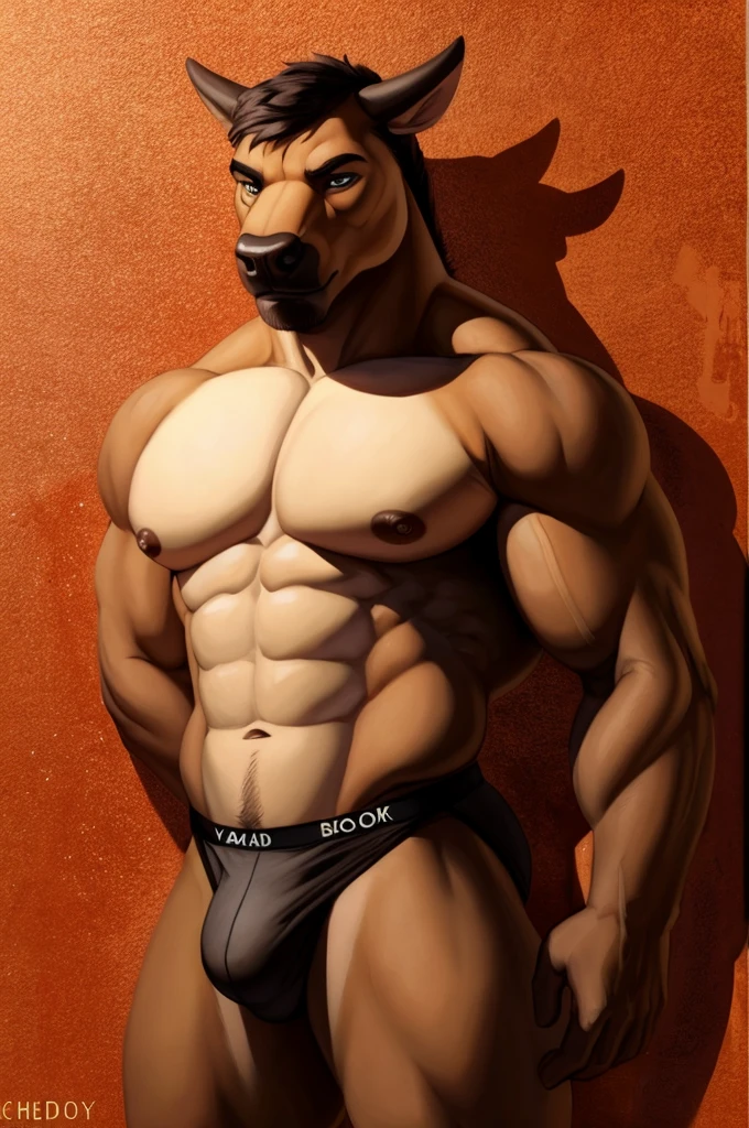 Solo, Furry, Anthro, Bull, Male, E621, Standing, Hands behind back, Wearing underwear, Simple background, Front view, by chelodoy