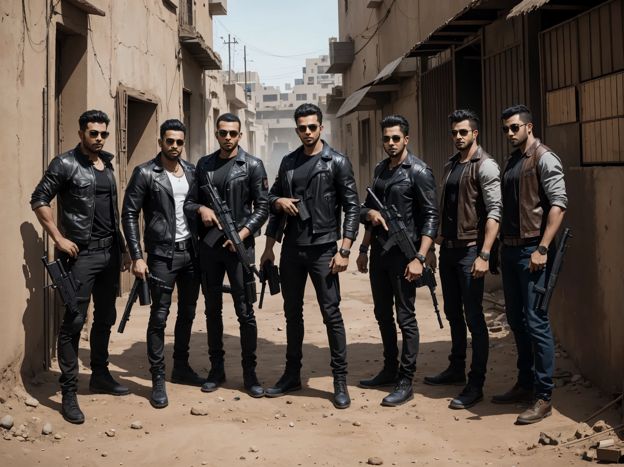 Image of Arafed a group of eight friends standing in a dirty area, cool, cool composition, with guns, wearing cool clothes, handsome guy, wearing guns