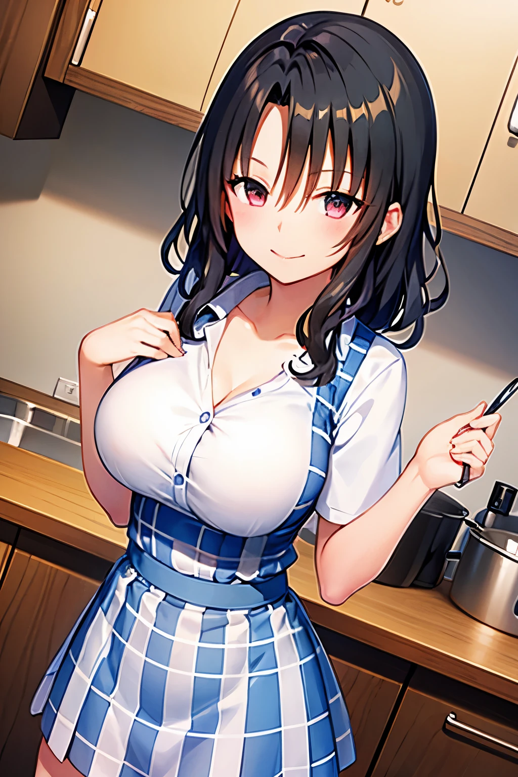 black hair、Plaid　Light blue and white　pleated skirt、open chest apron　pink、big breasts、smile、Are standing、kitchen