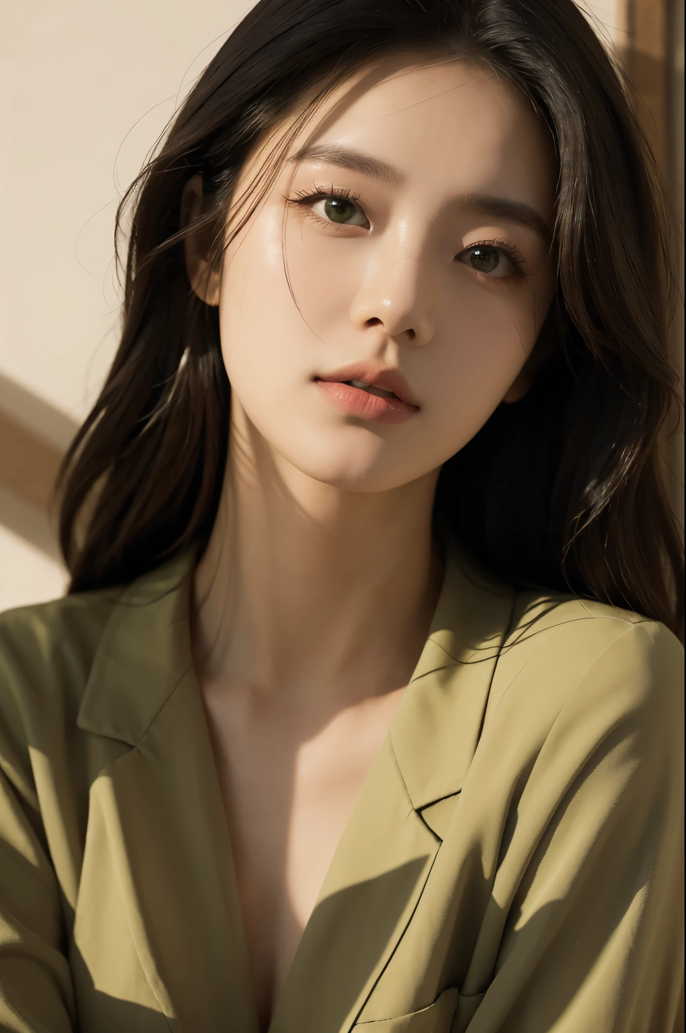 a woman soldier with heavy green clothes,here are some military rank sign on the clothes,beautiful face,pretty,shining eyes,best quality,high resolution,masterpiece,romantic atmosphere,light and shadow contrast