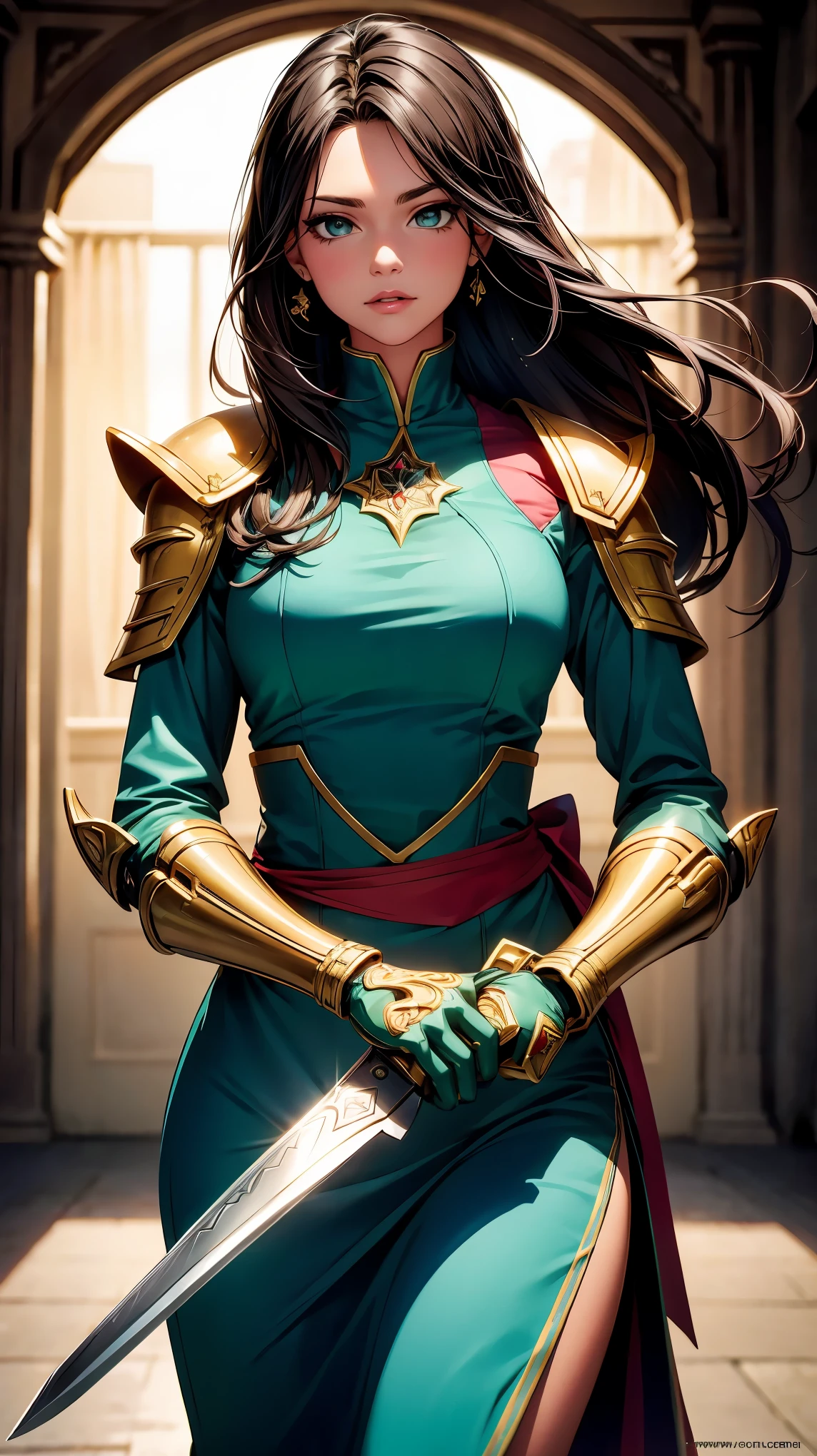 (8K, RAW photo, 最high quality, masterpiece: 1.2), High-definition RAW color photo, Professional photo shoot, cinematic light, alone, Girl wielding a big sword、Chopper knife, Executioner, An illustration、Face and eye details、flowing hair、strong and determined look、elaborate armor and weapons、beautifully crafted sword、shimmering metal details、The soft sunlight shining on her、Rich color palette、heroic pose、Rich green in the background、最high quality、Super detailed、real:1.37、Bright colors、dramatic lighting、heroic pose、HDR、sharp focus, staring eyes, beautiful skin, shiny skin, perfect fingers, five fingers, anatomically correct, background bokeh, high quality, surreal, bright colors, ((very detailed, photo shoot)),