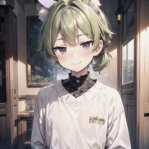 (Masterpiece, best quality, 8k, sharp), 1boy, ((moss green hair)), fluffy bangs, ((short ponytail)), (moss green fox ears that match hair color, three small moss green fox tails that match hair color, young, 8 year old child), flat chest, japanese, pale skin, (wearing wool sweater), pale skin, ((big violet eyes, looking at viewer, cheerful expression, small smile)), human face, cute, ((half-closed eyes), at home, in the living room, youthful appearance, moss green hair