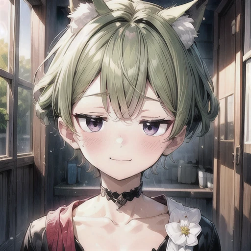 (Masterpiece, best quality, 8k, sharp), 1boy, ((moss green hair)), fluffy bangs, ((short ponytail)), (moss green fox ears that match hair color, three small moss green fox tails that match hair color, young, 8 year old child), flat chest, japanese, pale skin, (wearing wool sweater), pale skin, ((big violet eyes, looking at viewer, cheerful expression, small smile)), human face, cute, ((half-closed eyes), at home, in the living room, youthful appearance, moss green hair