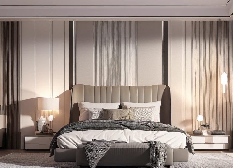 Modern interior, indoors, no humans, scenery, window, lamp, plant, bed, couch, potted plant, table, door, pillow,<lora:Justin_ç°ä»£è½»å¥¢_V80:0.8>,