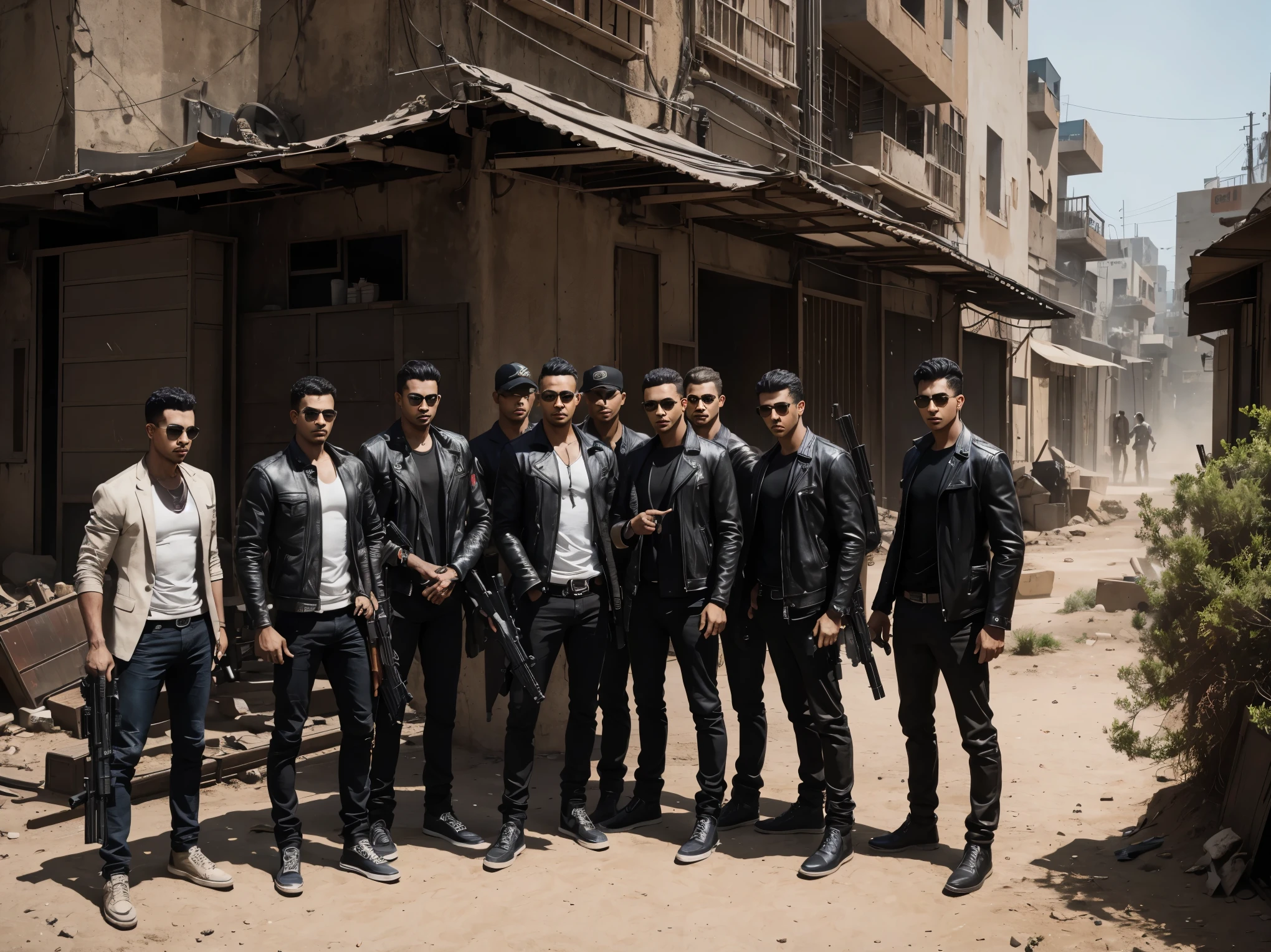 Image of Arafed a group of eight friends standing in a dirty area, cool, cool composition, with guns, wearing cool clothes, handsome guy, gangster