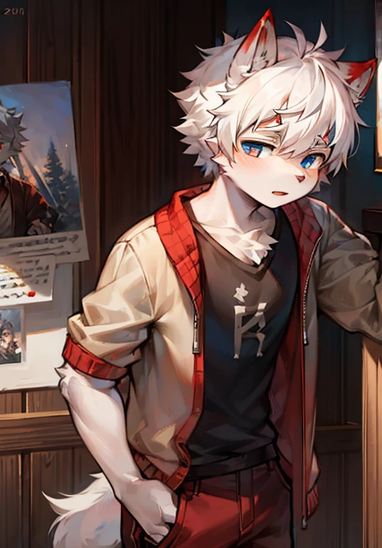 a boy, Wolf, White and red fur, young people, red and blue eyes(Different pupils), messy hair, white hair, short hair, masterpiece, Very detailed, Casual Clothing