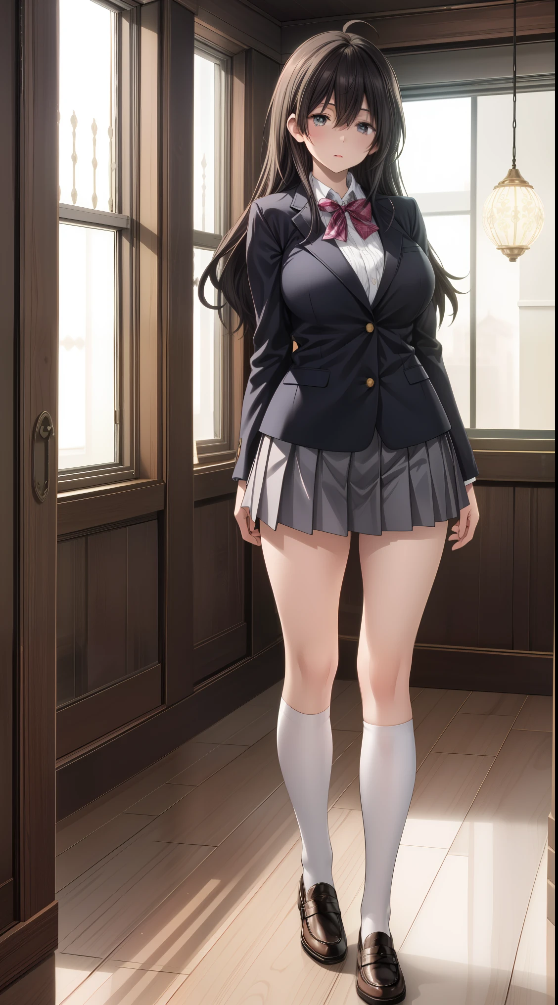 huge_breast, (full_body:1.2), (best quality,4k,8k,highres,masterpiece:1.2),ultra-detailed,(realistic,photorealistic,photo-realistic:1.37),

school girl with very short skirt, (short_skirt:1.2) ,huge brest, an anime/cartoon character wearing a girls  walking upright with straight, 1girl, solo, thigh-highs, ブレザー burezaa (Blazer), ahoge, long hair, hand on hip, full body, bow, , looking at viewer, bowtie, shoes, loafers, ribbon, 

beautiful detailed eyes,beautiful detailed lips,extremely detailed eyes and face,longeyelashes, 

long hair,standing,full body,full figure,in school room,

medium:oil painting,atmospheric lighting,dreamy color palette,detailed interior decoration,quiet and peaceful ambiance,

candles illuminating the room,religious symbols,delicate lacework on the ,intricate patterns on the ,finely crafted metal buckles on the loafer,

reflection of stained glass windows on the polished wooden floor,source of soft light casting shadows on the school girl,

subtle rays of sunlight filtering through the windows,serene expression on the school girl face,gentle breeze rustling the curtains,warm and cozy atmosphere,