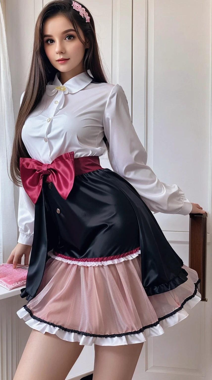 Sakura Jinguji, with her long black hair cut, spreads her pubic hair in a long sleeved, luxuriously embroidered, super shiny satin pink Western frill dress. She cries while putting on a diaper