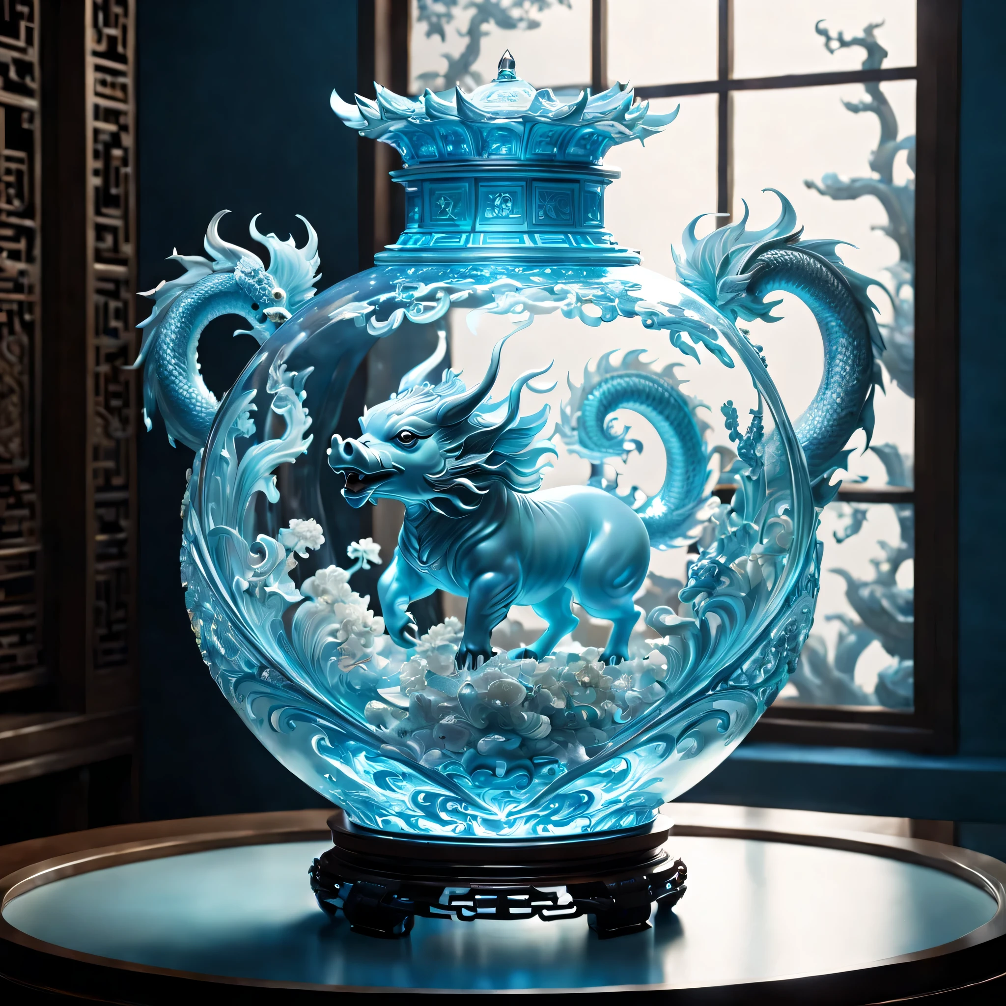 An oriental style vase is displayed in an empty room,There is a dragon pig inside, RococoStyle, Crystal nuclei, Realistic light depiction, interesting and complex, light blue, hidden academia, World pattern,The body of the vase is illuminated by light, RococoStyle, futuristic elements, Crystal nuclei, Chinese iconography, swirl, light blue, giant money sculpture, Futuristic fantasy style, light blue, An intricate underwater world, Realistic light depiction, clear colors, Crystal nuclei, Light cyan and white, An intricate underwater world风格, Crystal nuclei, chinapunk, swirl, light blue, Glowing portrait, light box,(best quality,4K,8k,high resolution,masterpiece:1.2),super detailed,(actual,realistically,lifelike:1.37),extremely detailed glass vase，There is a dragon pig on it,super detailedscp神器可以,Complex and gorgeous anime CGI style,Exquisite renderings of the Tang Dynasty,Better than Paul and James Ginn,complex artwork. Guilty car rendering,Complex 8K rendering,8k vray rendering,rendering art,filled with glass. Computer Graphics Association,High quality rendering