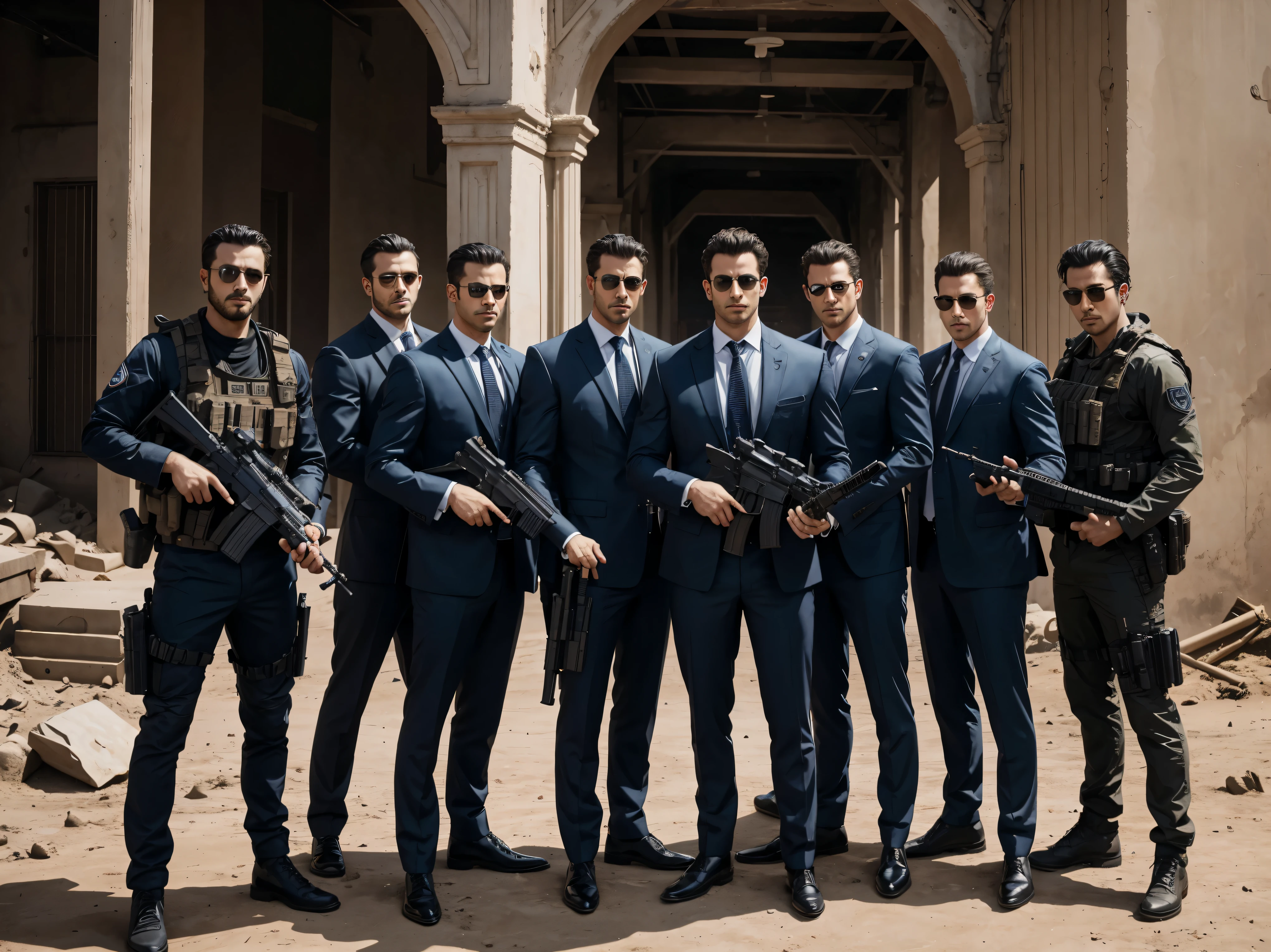 arafed image of a group of eight friends standing in a dirty area, cool, cool composition, with guns, wearing suits, special forces, handsome men