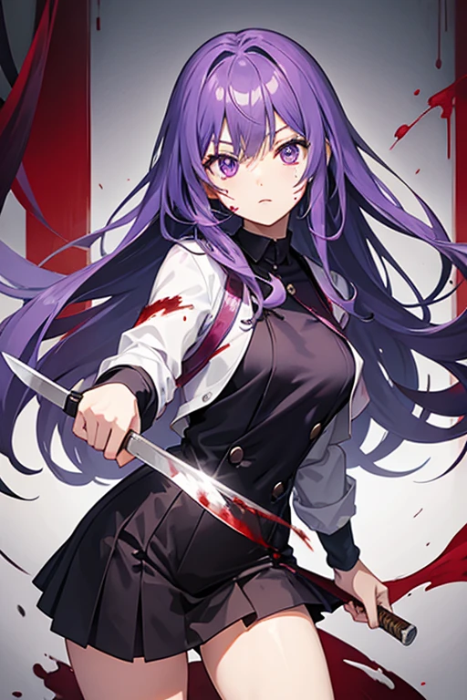 Anime girl purple hair, holding a knife, blood on face