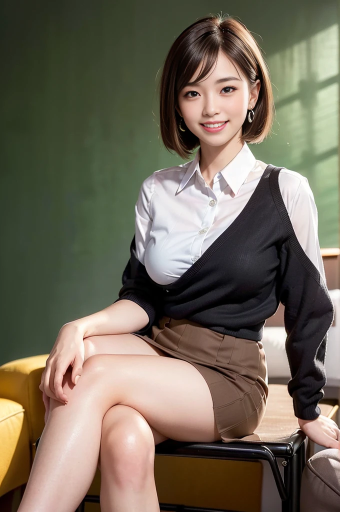 ((full body)),((full pose picture)) Masterpiece: 1.3), (8K, Photorealistic, RAW Photography, Best Quality: 1.4), Japan Girls, Standard Body Shape: 1.3, (light brown straight bob Hairstyle: 1.4), Ultra Detail Face, Eyes of Detail, Double Eyelids, slim legs, slim body, 20 years old girl, , ((standing:1.4)), Slouching Breasts, Sharp Focus: 1.2, Pretty Women: 1.4, Light black Hair, Top Quality, wink, blushing, Masterpiece, ((wide smile:1.3)), round earrings, Ultra high resolution, firm buttocks, black eye shadow, (photorealistic: 1.4), very detailed and professional lighting smile, teeth, ((living room background:1.4)), ((crossed legs:1.4)), ((teacher uniform:1.4)),