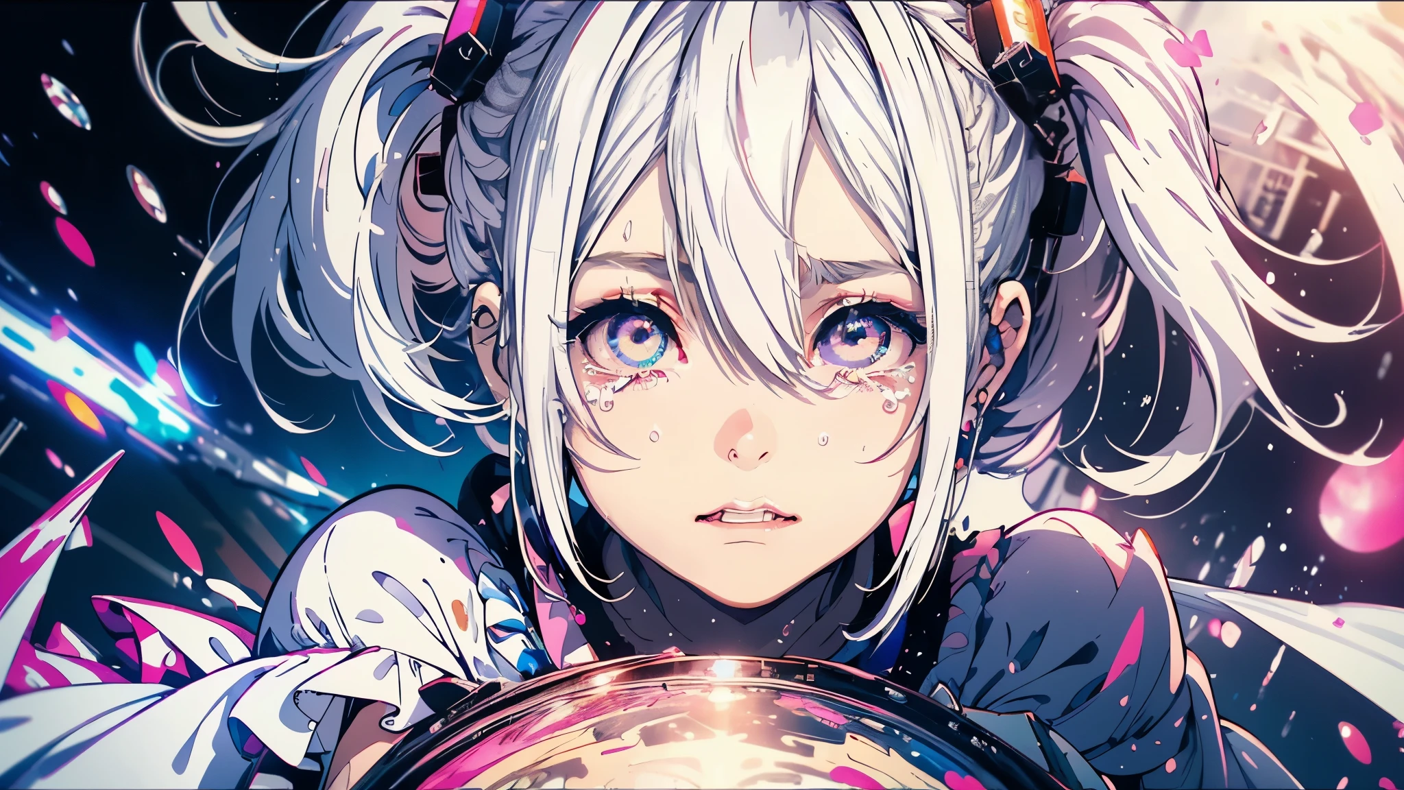 hair bobbles, wince, long eyelashes, solid circle eyes, light smile, ear blush, fang, (((white hair))), makeup, blush, sad, sad smile, drop shadow, anaglyph, atmospheric perspective, 8k, super detail, accurate, best quality, (cyberpunk), bright lighting, masterpiece,1girll, ((((short twintails)))), Colorful hair, flying, pink bows,((16-year-old female model)), (angel halo) , (((close-up))), eye level shot, (((lolita dress))), (((wide shot))), ((((( color splash ))))),