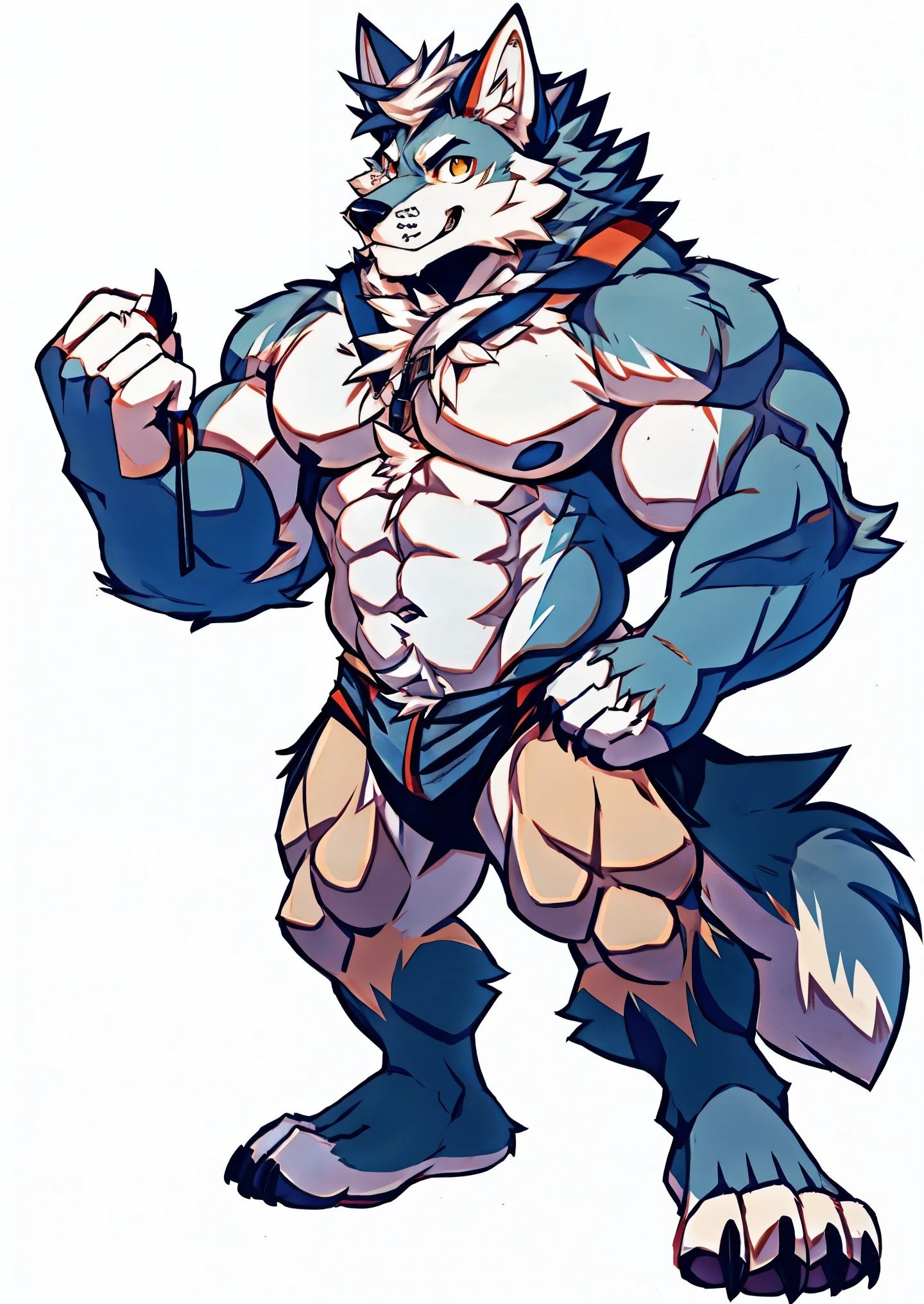 Human-wolf,musculous,Hairy all over,clawed paws,erect through