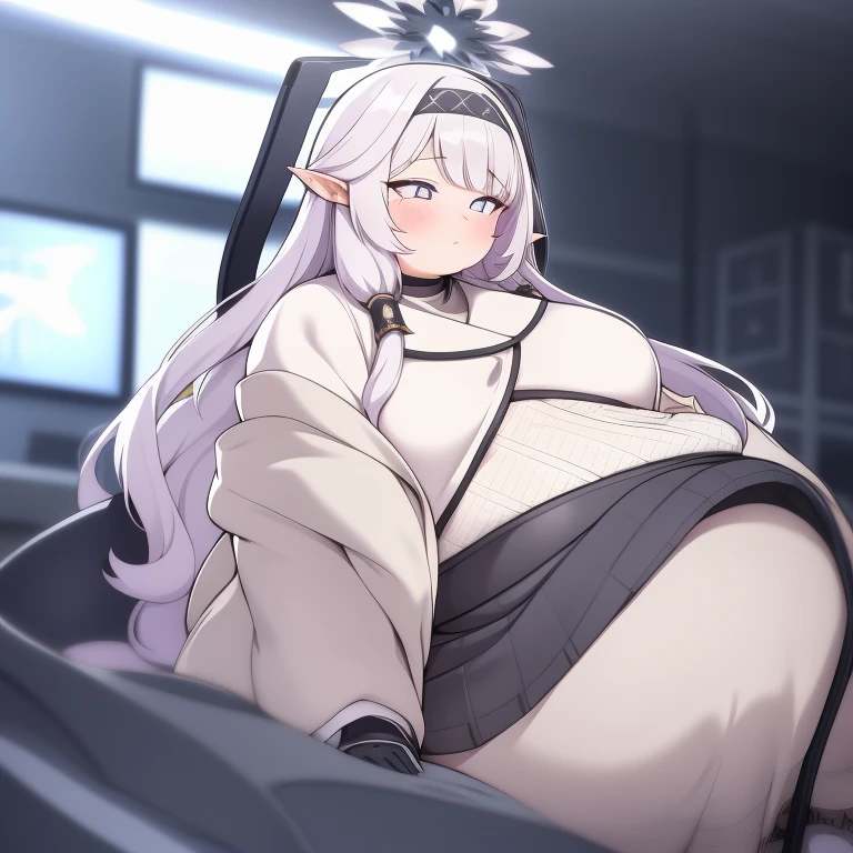 (extremely detailed CG),(best quality), obese 1girl,perfect face,absurdly long hair,bright pupils,(finely detailed beautiful eyes),wide hips,narrow waist, obese himari (blue archive),pointy ears,hair ornament,halo,black gloves,white jacket,wheelchair,sitting,
<lora:Himari_BlueArc:1,,