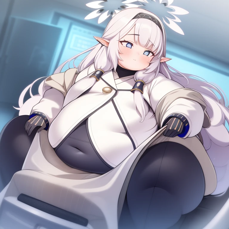 (extremely detailed CG),(best quality), obese 1girl,perfect face,absurdly long hair,bright pupils,(finely detailed beautiful eyes),wide hips,narrow waist, obese himari (blue archive),pointy ears,hair ornament,halo,black gloves,white jacket,wheelchair,sitting,
<lora:Himari_BlueArc:1,,