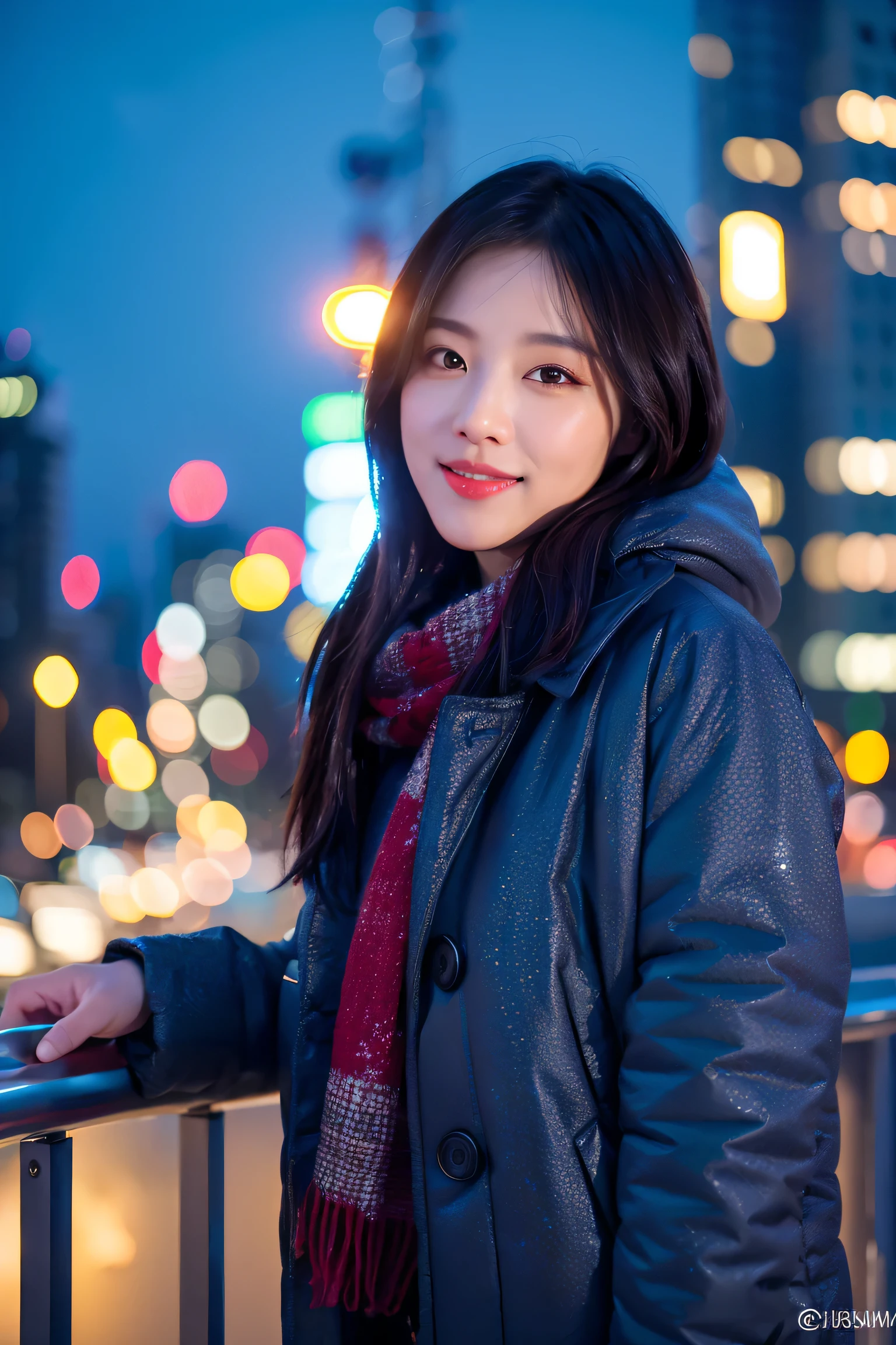 (8K, RAW photo, highest quality, masterpiece:1.2), (realistic, photo-realistic:1.37),1 girl,(K-POP idol), (charming monkey:1),cute,cityscape, night, winter, snow, professional lighting, photon mapping, radio city, Physically based rendering,