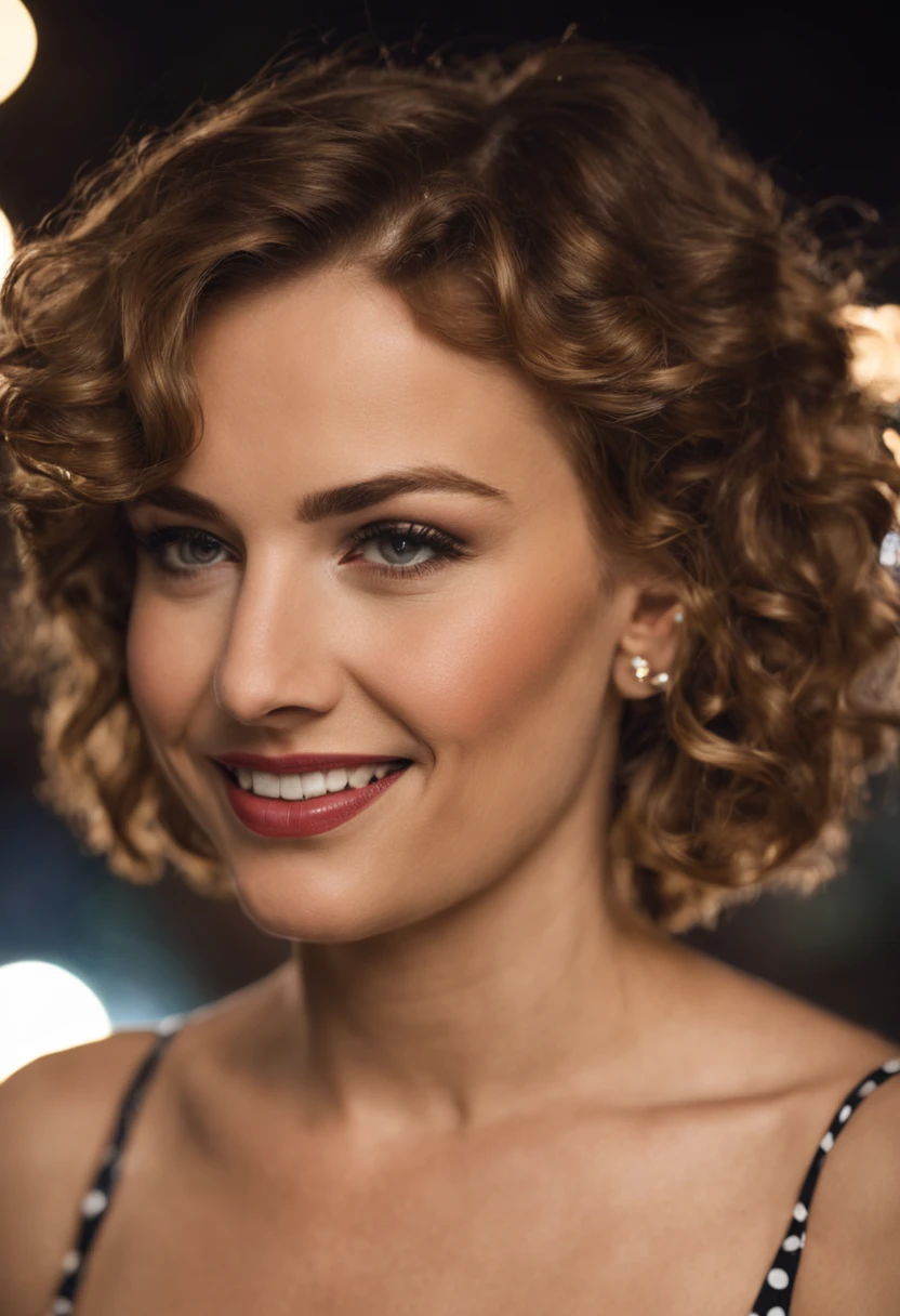 25 year old model julie anniston ,posing seductively while looking at viewer curly, wavy, midnight street, brown, vintage haircut, open smile, full, polkadot, short, face, lighting, stock picture