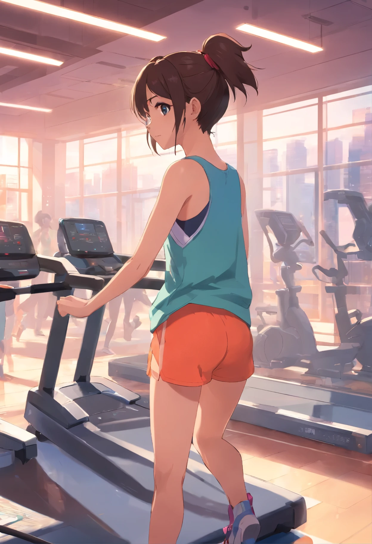 a girl，in the gym，Using heartbeat detector，Vibrant fitness equipment and busy people in the background。
