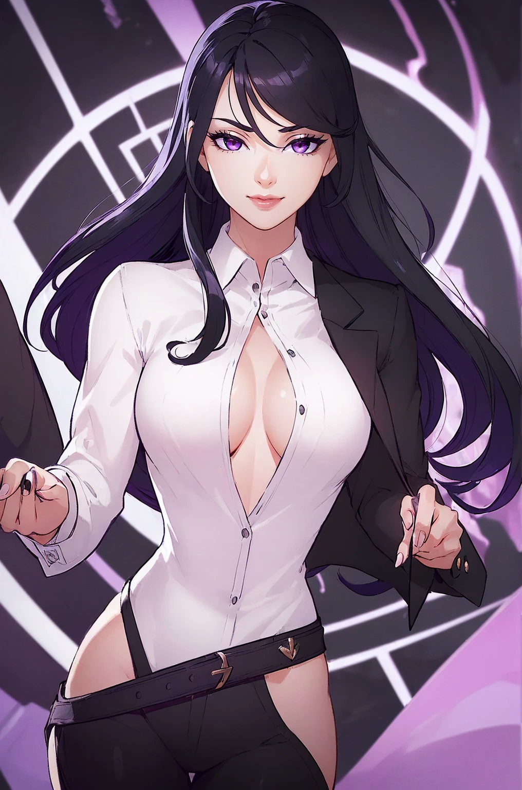 (1girl:1.5),(Best quality,4K,8K,A high resolution,tmasterpiece:1.2),ultra - detailed,(actual,photoactual,photo-actual:1.37),black suit jacket,sliver long hair,girl with Redlip,girl in suit jacket,girl in elegant clothing,Redlip,Perfect application for lipstick,(beautidful eyes:1.4),(white shirt:1.5),silber hair,a purple eye,light smile,Happy expression,highlydetailed skin,Stunning face,Long eyelashes,black eyeliner,a work of art,(Black belt:1.2),white shirt,Dangle earrings,(regular suit:1.2),Full sex body lesbian