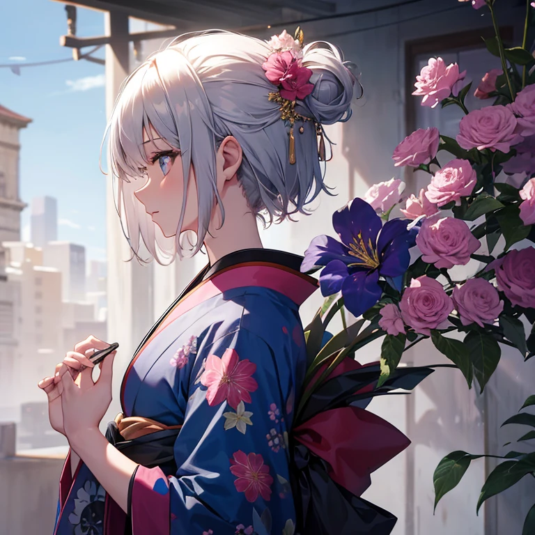 1 girl, alone, short hair, hair ornaments, jewelry, kimono, Upper body, flower, gray hair, hair flower, necklace, Side view, profile, pink flower, blue flower, abstract,