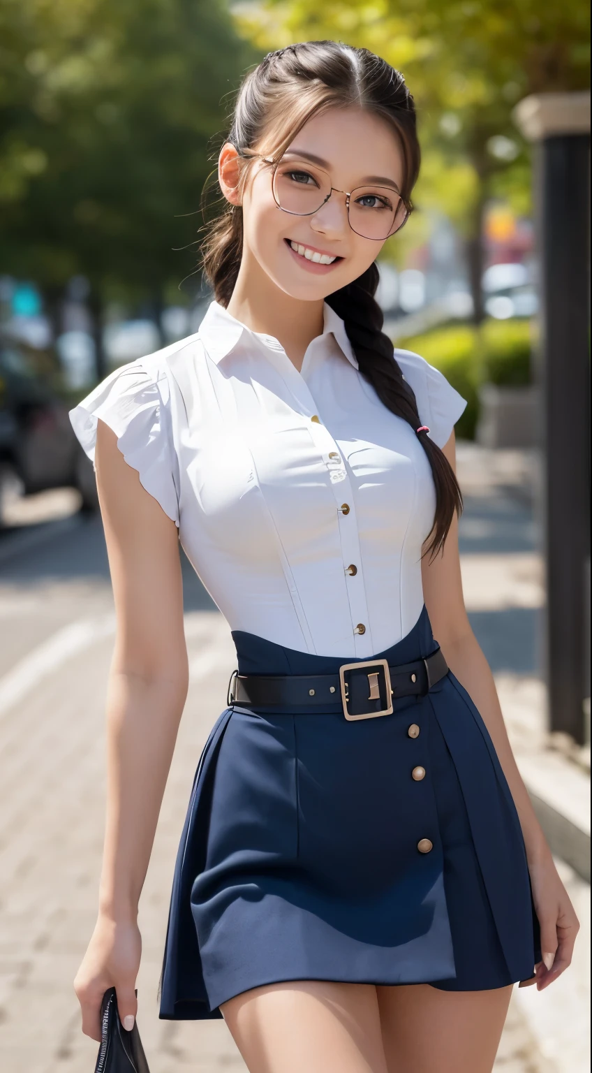woman face, Americana, 12year old, pale skin and freckles, grey eyes, delicate nose, soft and delicate lips, long, Wavy gray blondie hair, Ultra-realistic HD highly rendered photorealistic,Very slim and slender fit muscular body:1.3), ((Looking at Viewer)),(Big smile:1.3), (Blurred background),(No people in the background:1.3), Clear eyes, Walking, (pale skin), (Big eyes), (Golden bristles), (Full body shot), , ((blue high waist skirt)), , (Looking at Viewer:1.3) opened breast, Very slim, medium breasts, ass forcus, Before the eyebrows, ((whiteshirt:1.3)), (double-breasted,Underbust:1.2), Short sleeves, buttonGap,(((Corset Belt))(Braids),backtrack, (Frontal shot), ass forcus,eye glasses,(((bolero))(